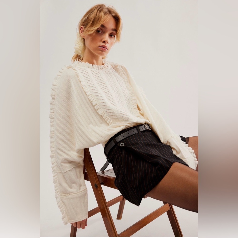 Free People More Romance Mock Neck Eyelet Frill Bohemian Long Sleeve Top Size S